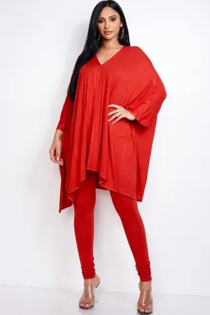 2 pieces Rust Red Heavy Rayon Spandex Cape Top And And Leggings 2 Piece Set_