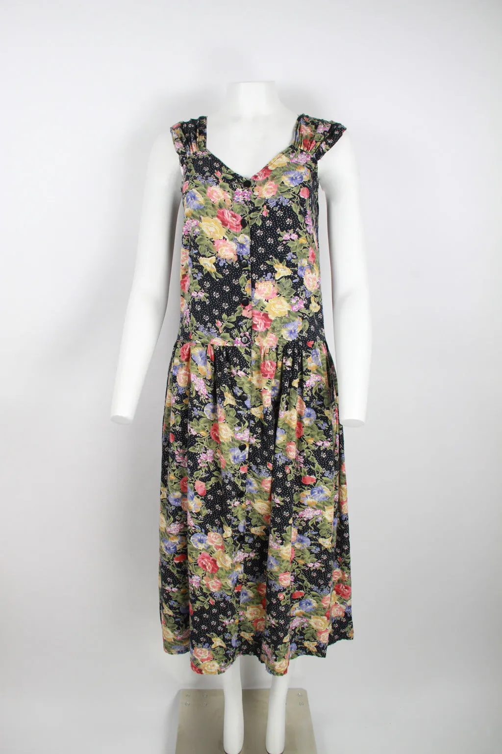 80s/90s navy floral cotton/viscose dress - S