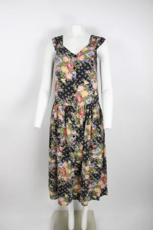 80s/90s navy floral cotton/viscose dress - S