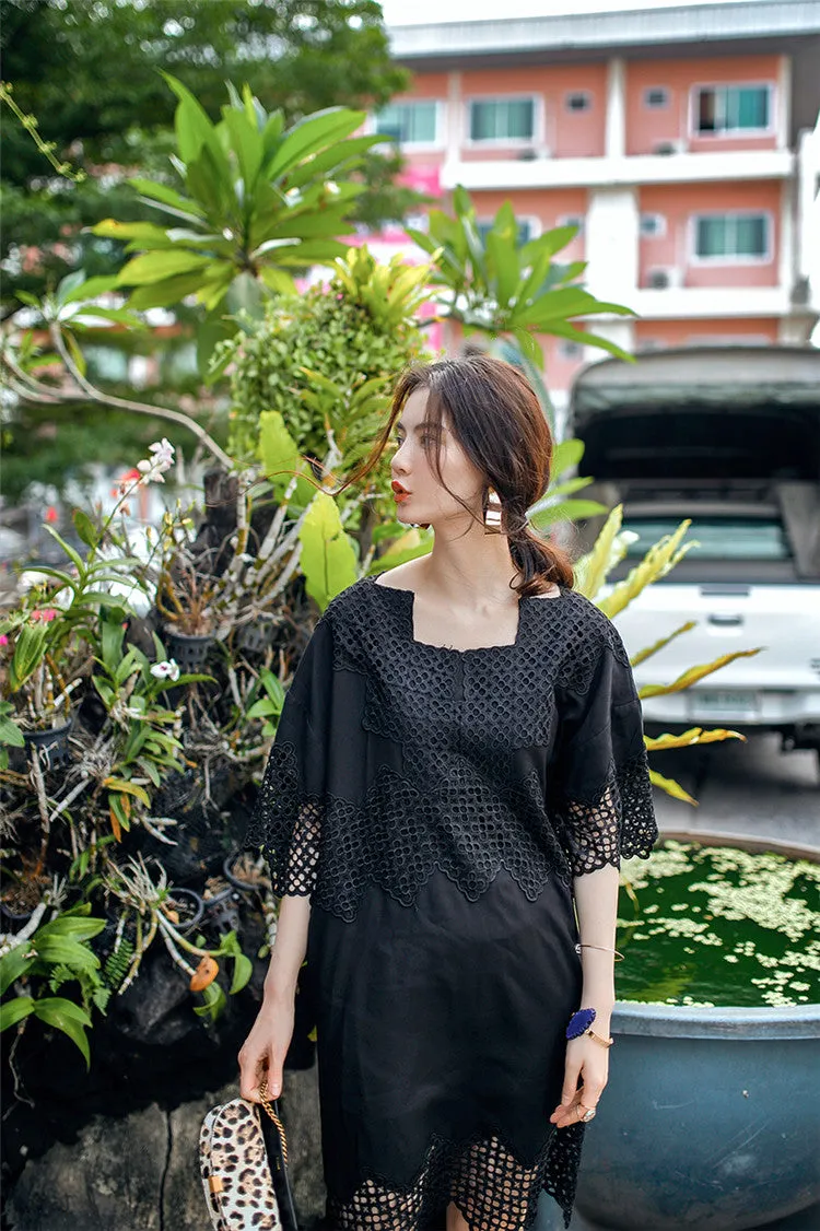 8GIRLS DESIGN BLACK SMOCK DRESS WITH LACE DETAIL