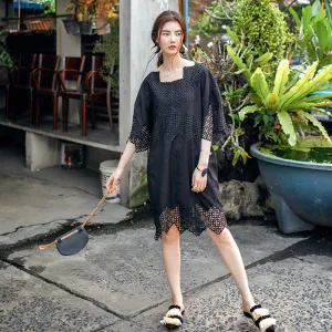 8GIRLS DESIGN BLACK SMOCK DRESS WITH LACE DETAIL