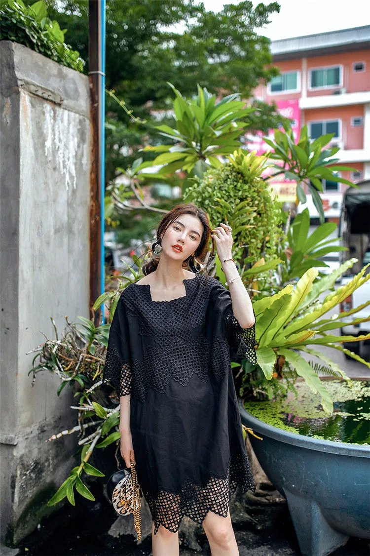 8GIRLS DESIGN BLACK SMOCK DRESS WITH LACE DETAIL
