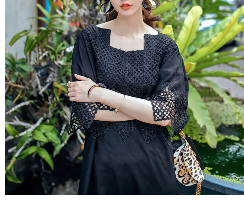 8GIRLS DESIGN BLACK SMOCK DRESS WITH LACE DETAIL