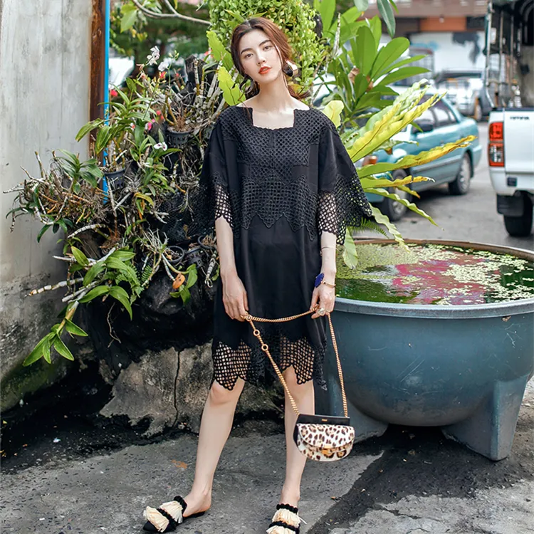 8GIRLS DESIGN BLACK SMOCK DRESS WITH LACE DETAIL