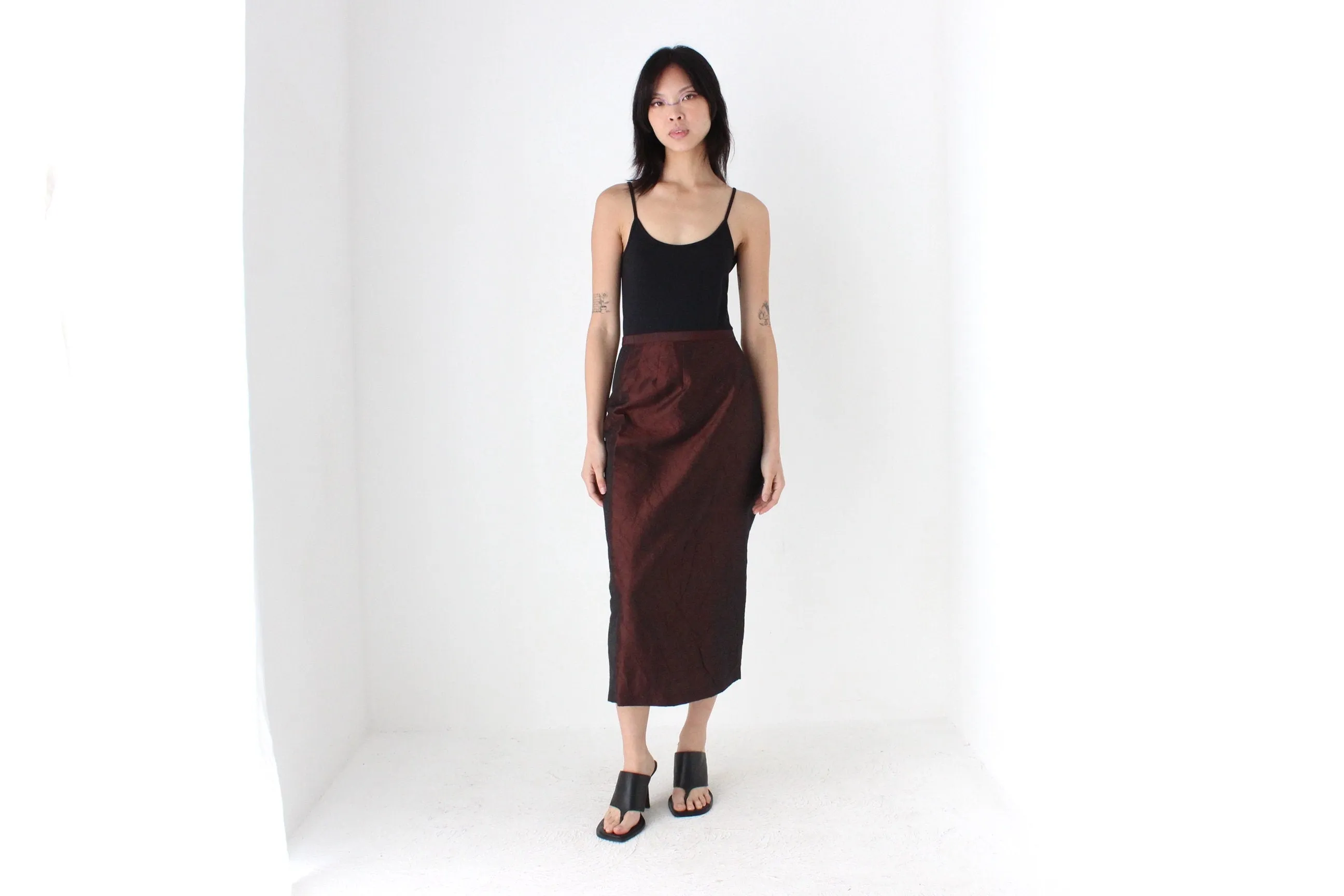 90s Metallic Chocolate Crinkle Taffeta High Waist Column Midi Skirt