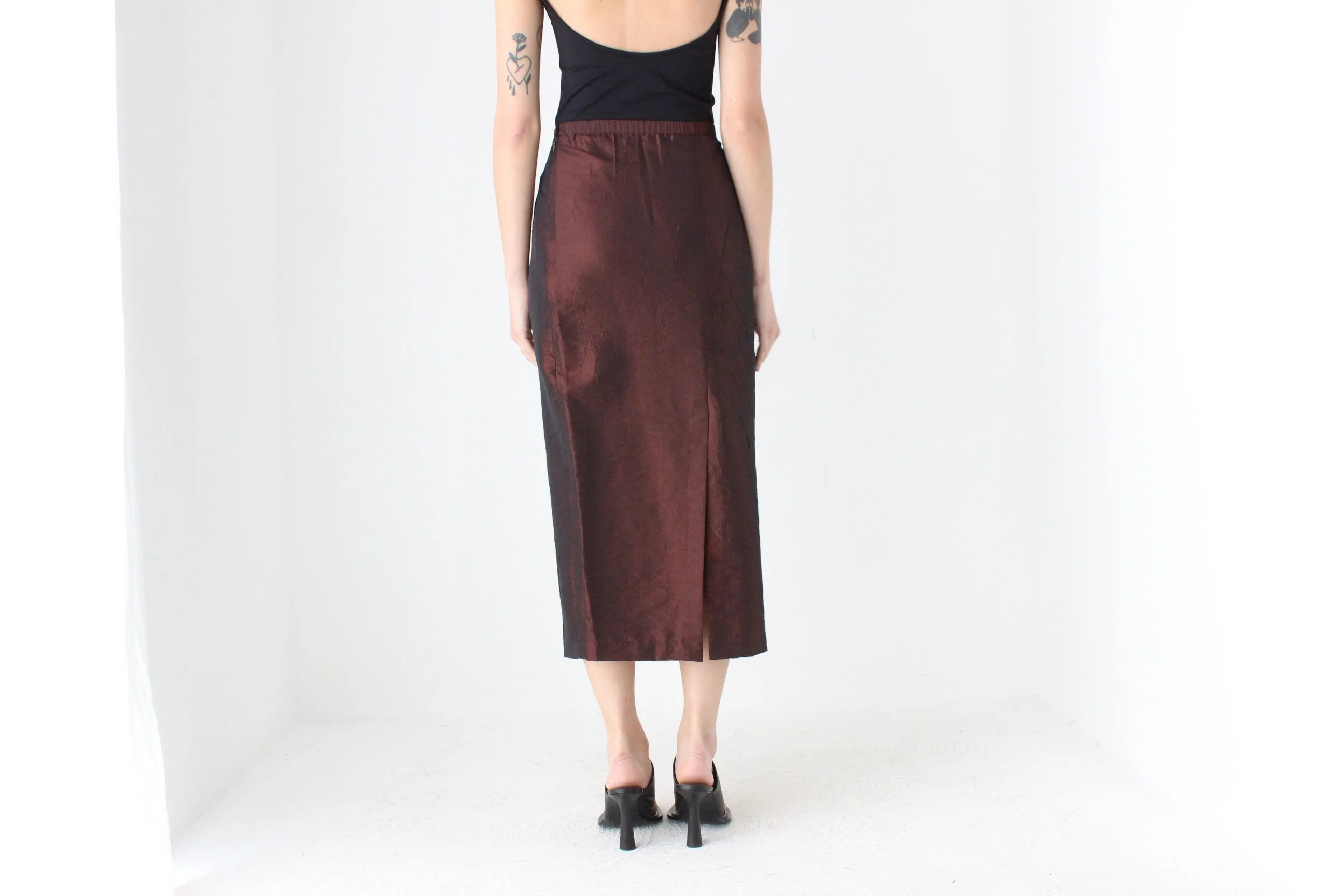 90s Metallic Chocolate Crinkle Taffeta High Waist Column Midi Skirt