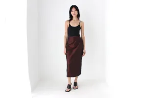 90s Metallic Chocolate Crinkle Taffeta High Waist Column Midi Skirt
