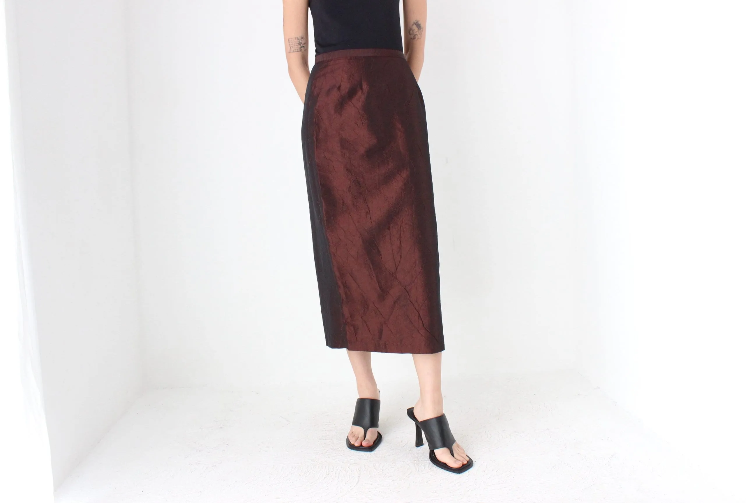 90s Metallic Chocolate Crinkle Taffeta High Waist Column Midi Skirt