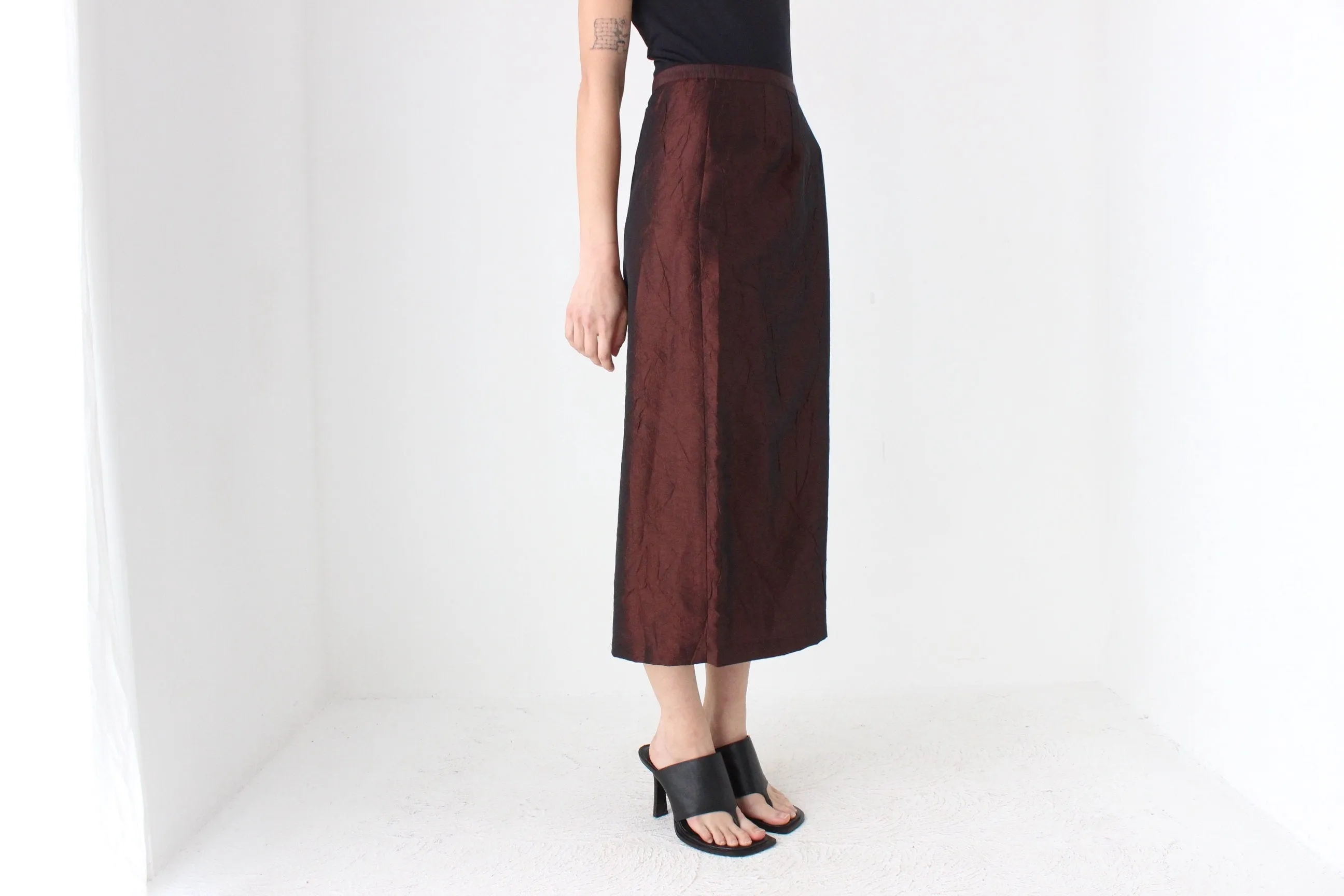 90s Metallic Chocolate Crinkle Taffeta High Waist Column Midi Skirt
