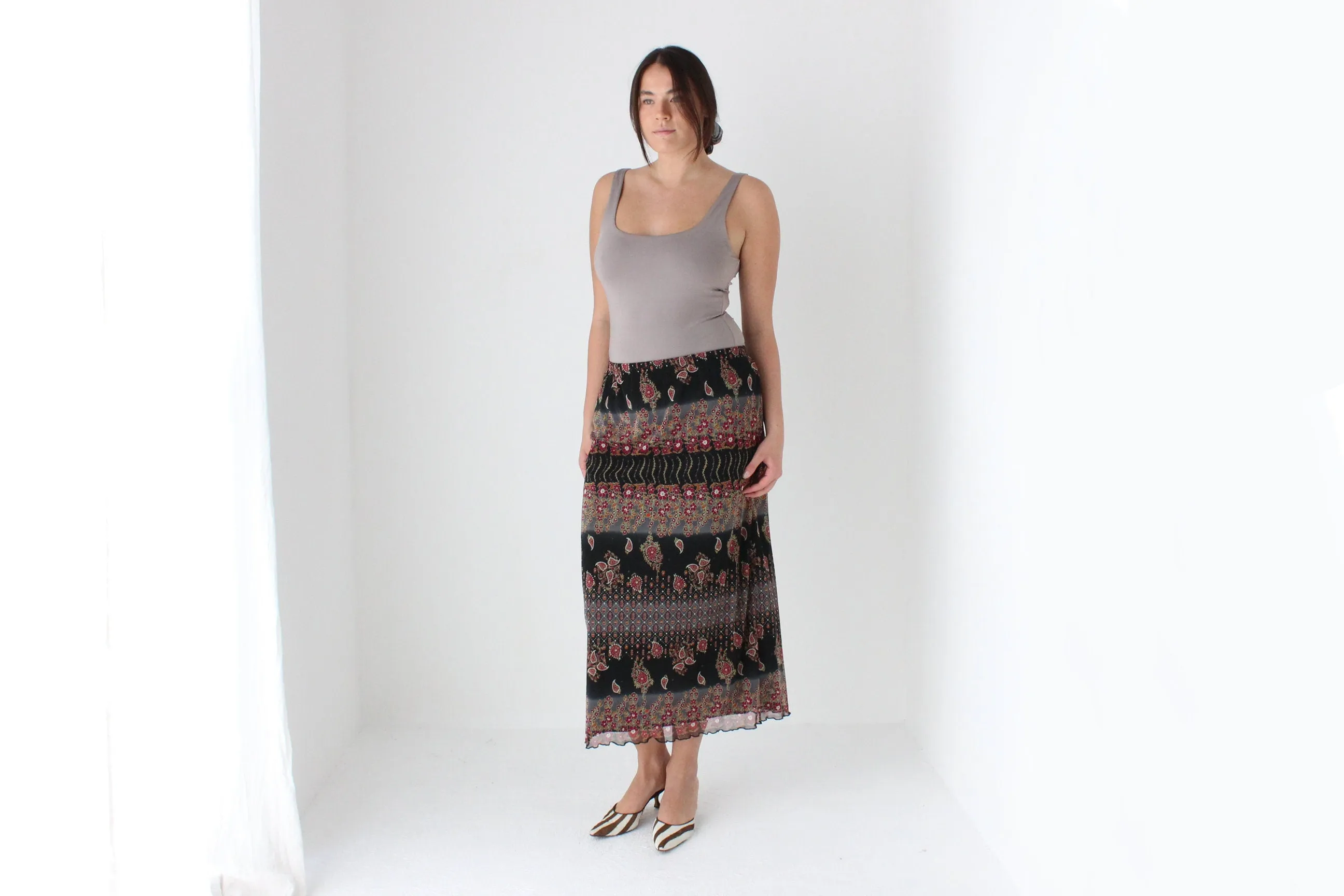 90s Printed Paisley Mesh Slip On Skirt