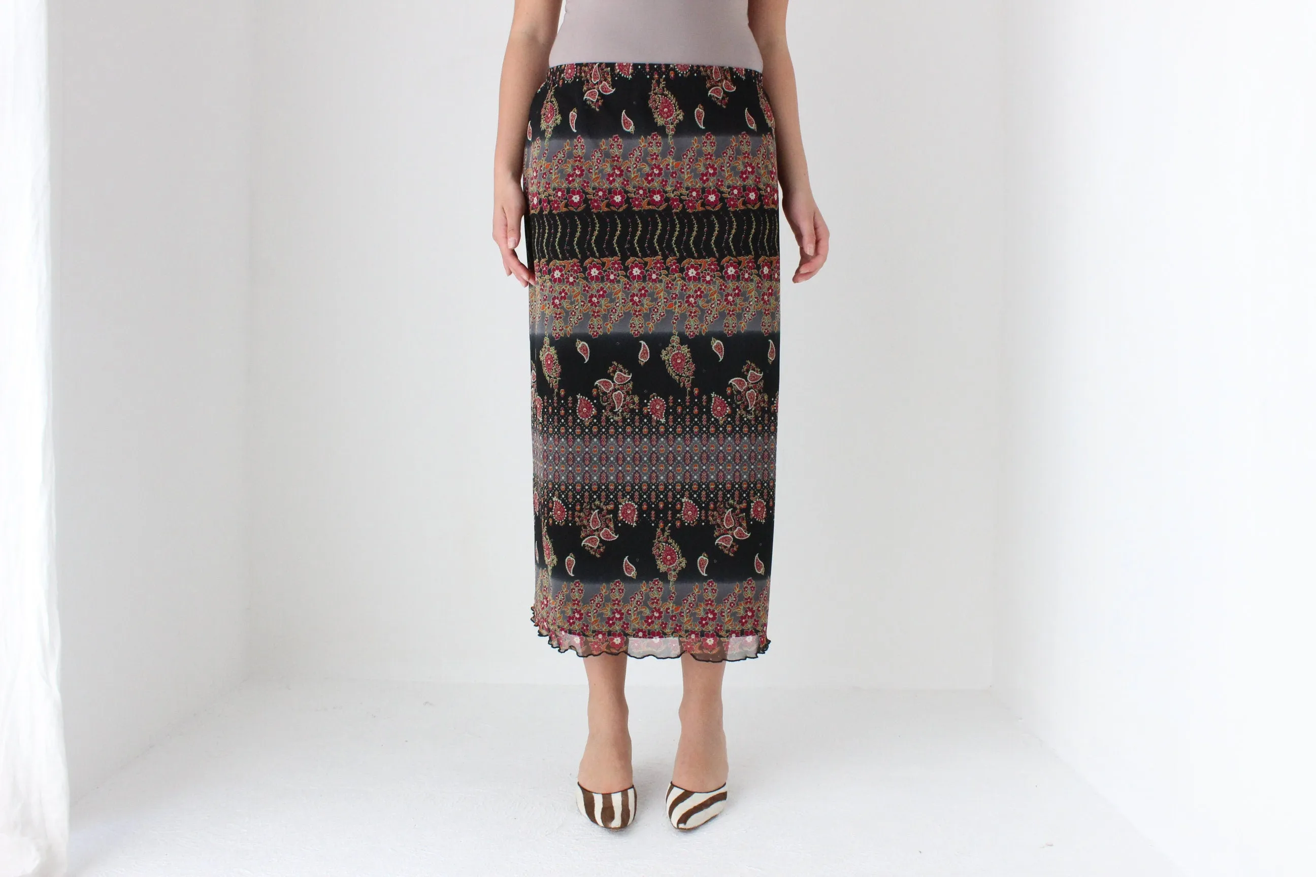 90s Printed Paisley Mesh Slip On Skirt