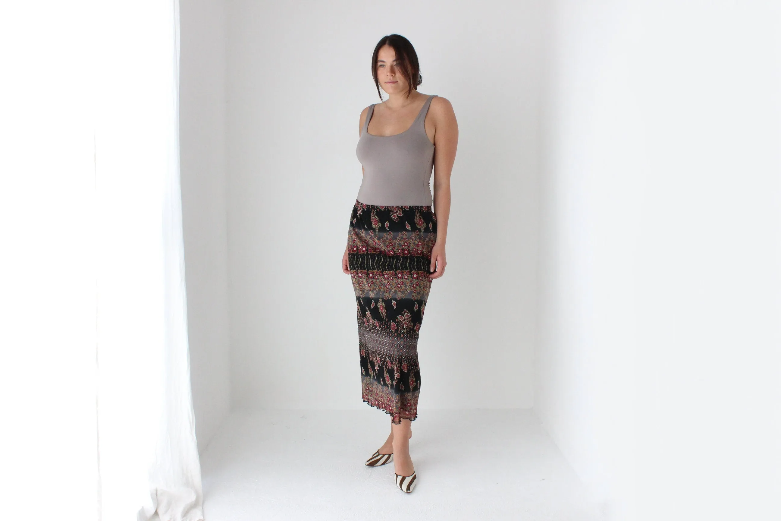 90s Printed Paisley Mesh Slip On Skirt