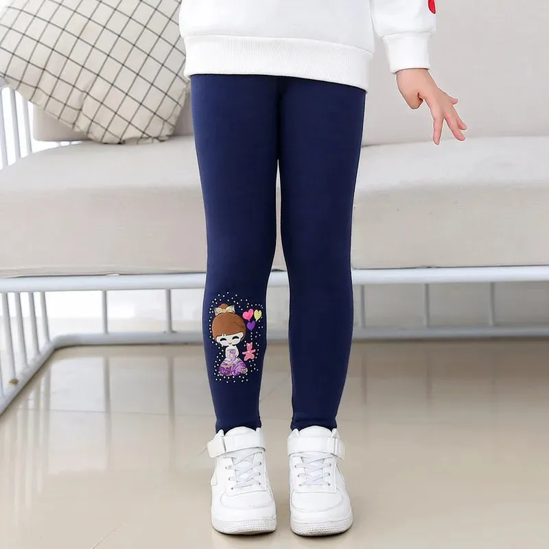 Cartoon Girl Pattern Winter Thick Warm Fleeced Pants For Girls
