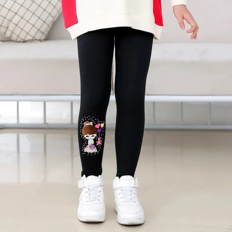 Cartoon Girl Pattern Winter Thick Warm Fleeced Pants For Girls