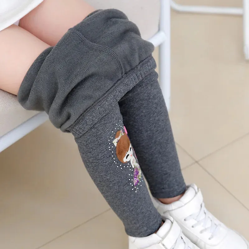 Cartoon Girl Pattern Winter Thick Warm Fleeced Pants For Girls