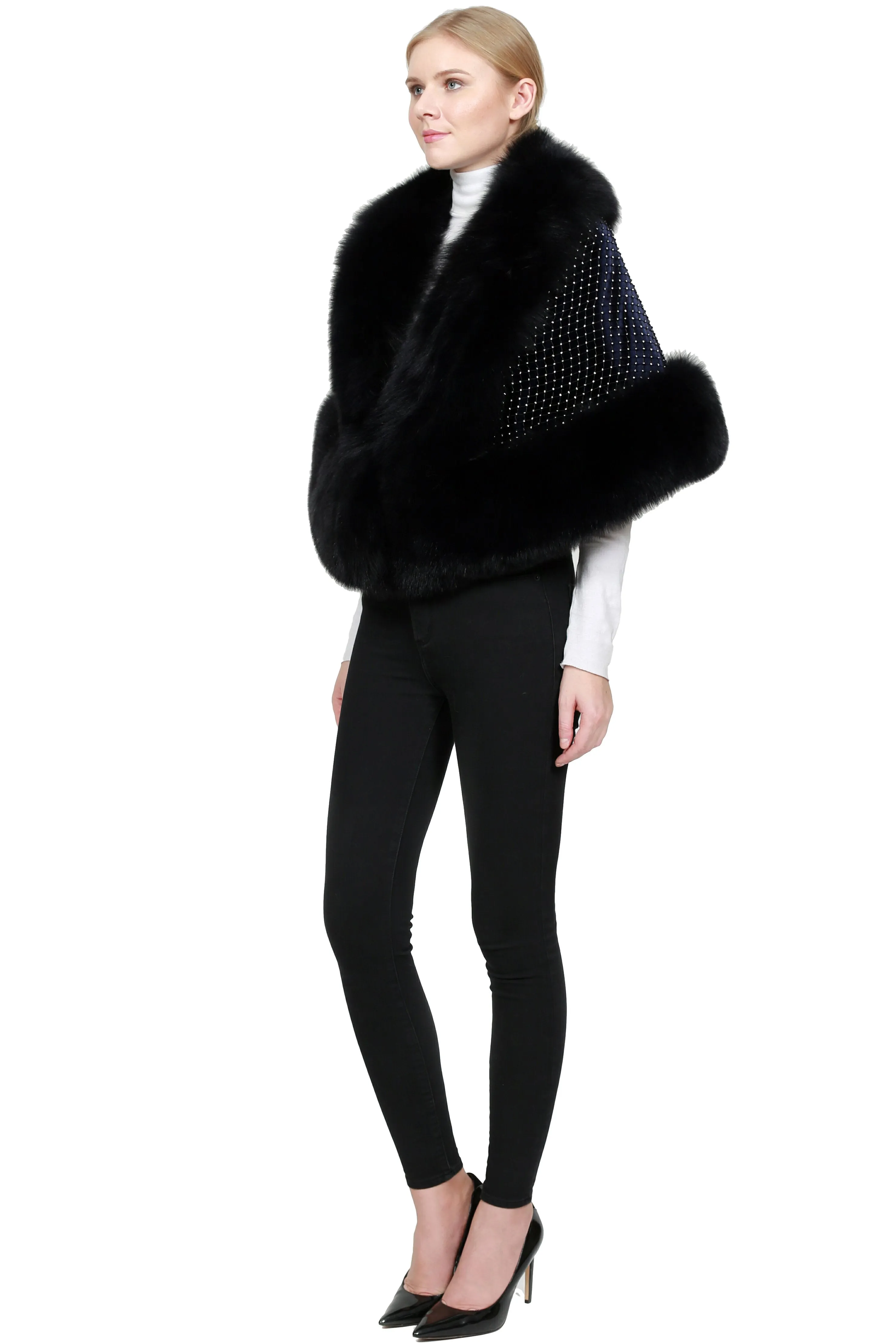 COURTENAY - Plush Fox Cape With Crystal Details
