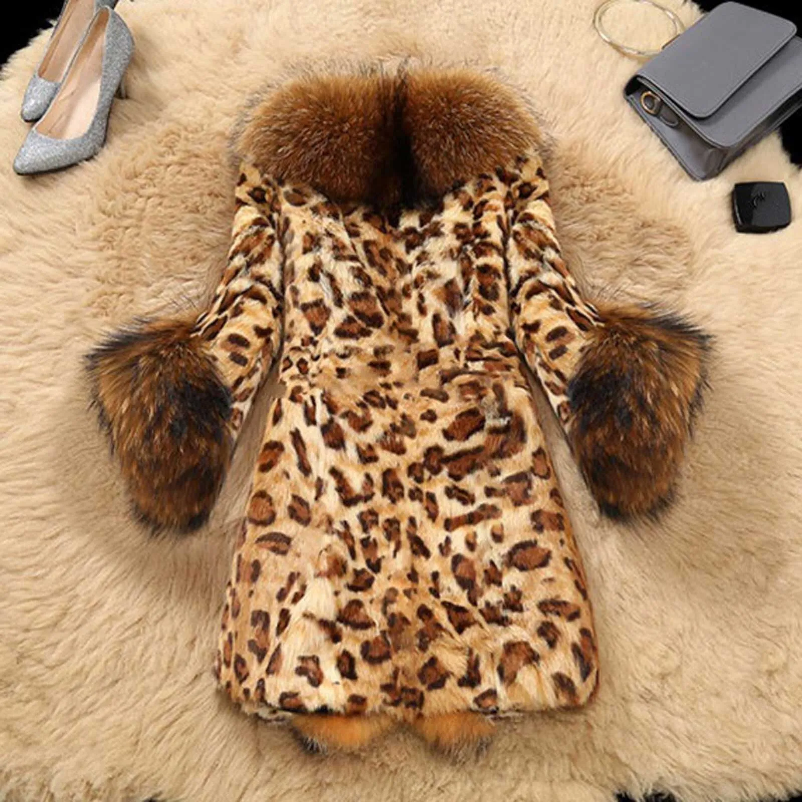 Elegant Outerwear 2020 Streetwear Warm Fur Hooded Leopard Faux Fur Coat Warm Fluffy Fake Fur Jacket Long Winter Overcoat Ladies