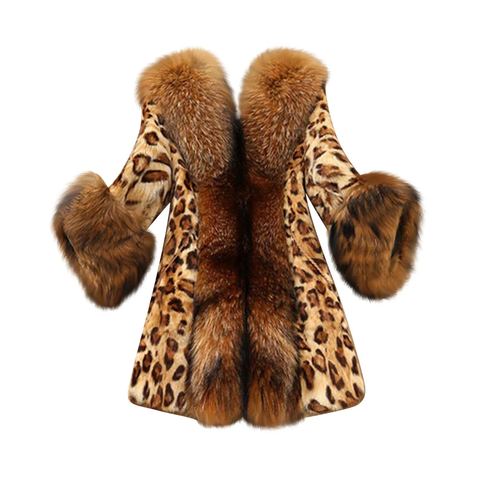 Elegant Outerwear 2020 Streetwear Warm Fur Hooded Leopard Faux Fur Coat Warm Fluffy Fake Fur Jacket Long Winter Overcoat Ladies