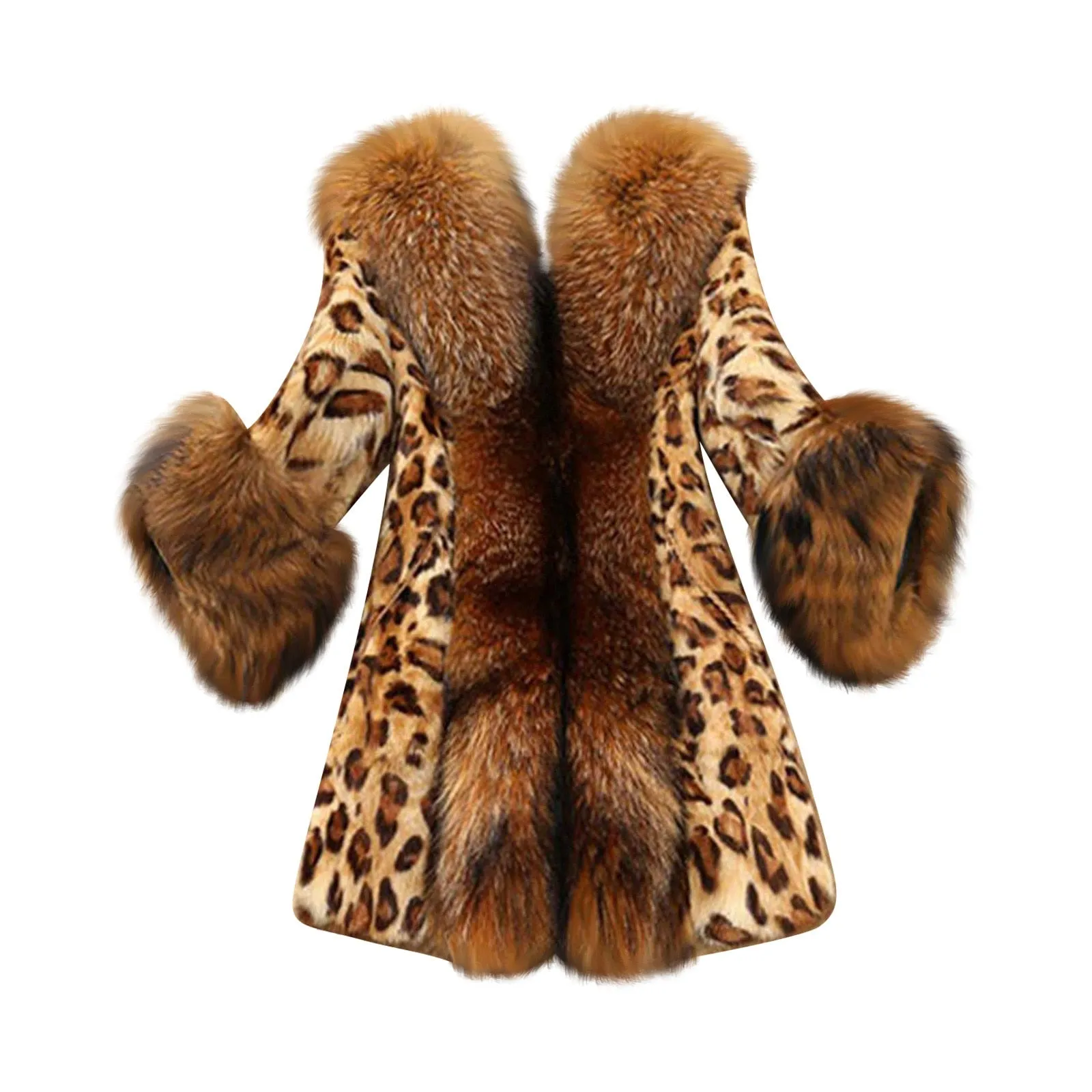 Elegant Outerwear 2020 Streetwear Warm Fur Hooded Leopard Faux Fur Coat Warm Fluffy Fake Fur Jacket Long Winter Overcoat Ladies