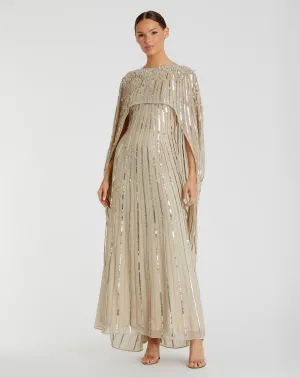 Gold Embellished Beaded Column Cape Gown