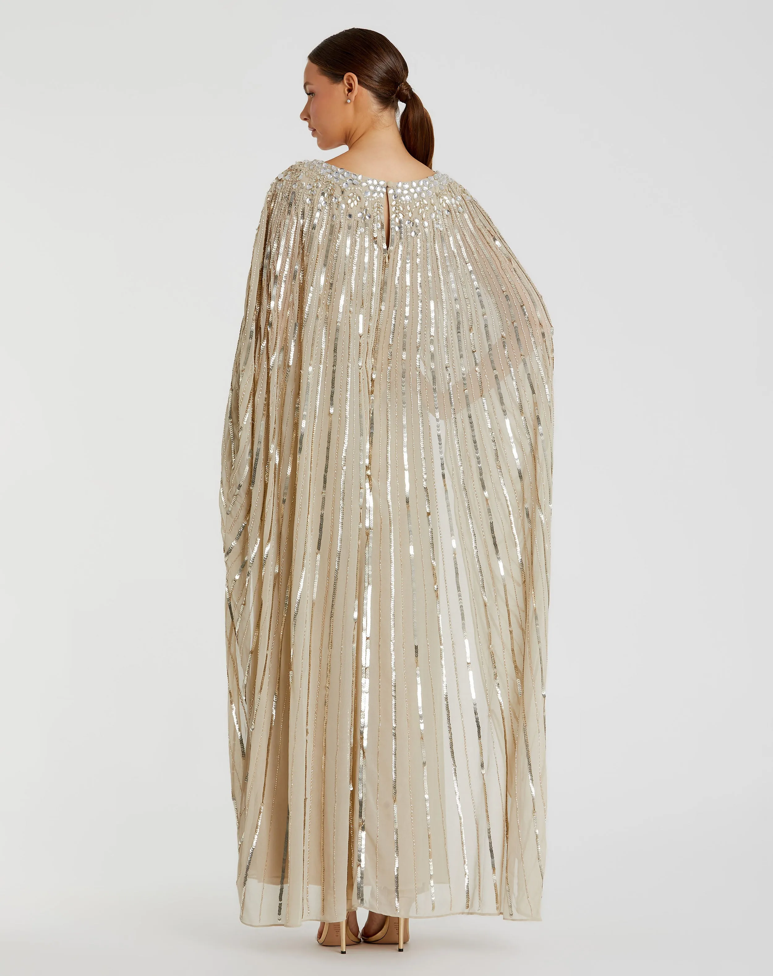 Gold Embellished Beaded Column Cape Gown