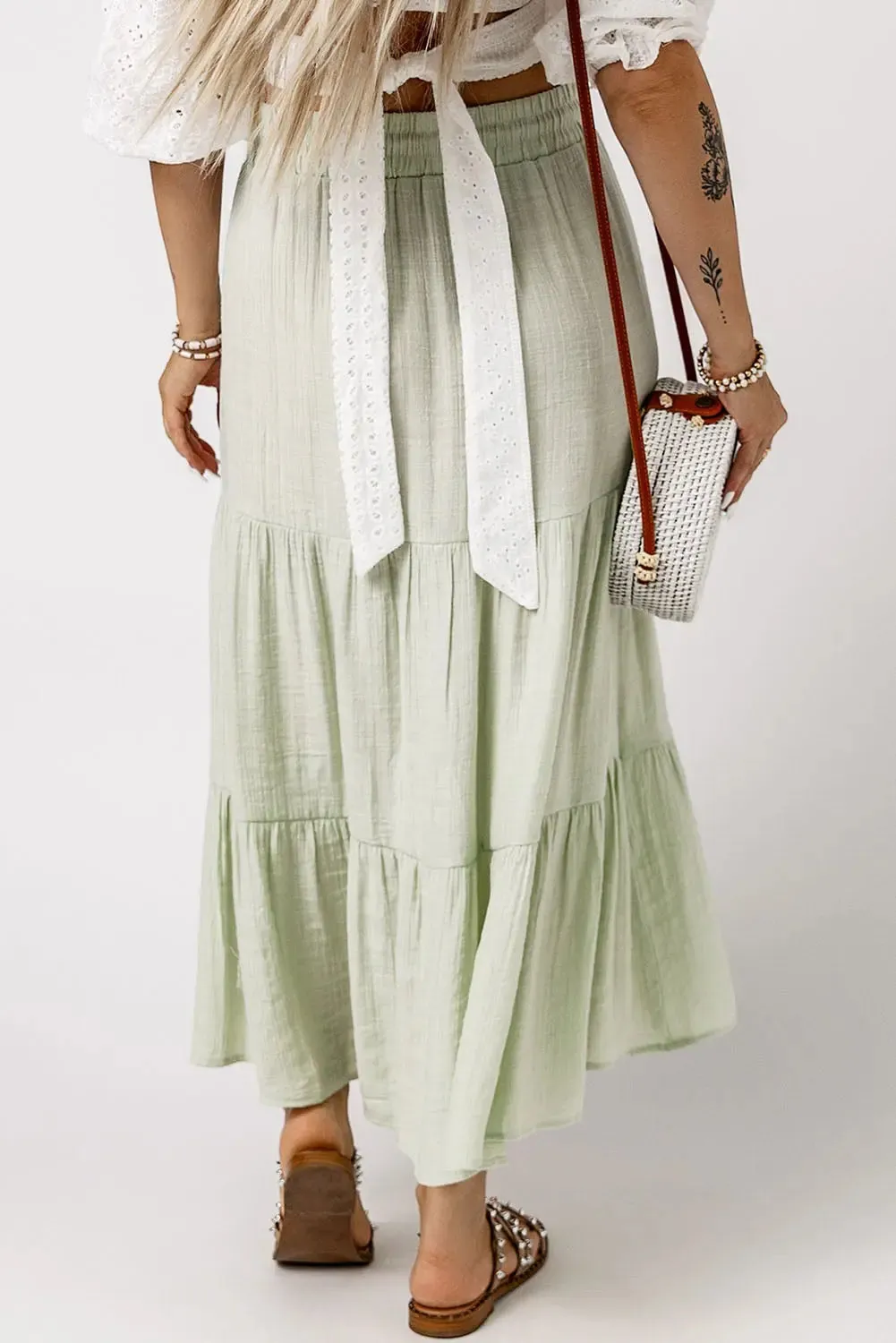 Green Tiered Drawstring Long Skirt