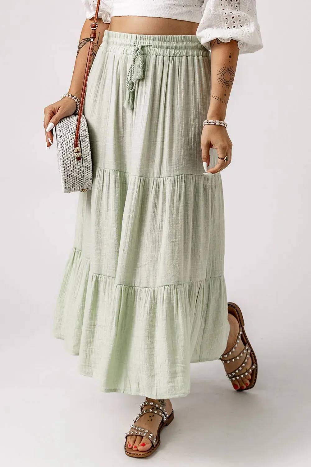 Green Tiered Drawstring Long Skirt