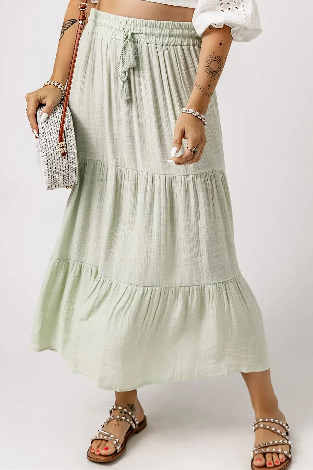 Green Tiered Drawstring Long Skirt