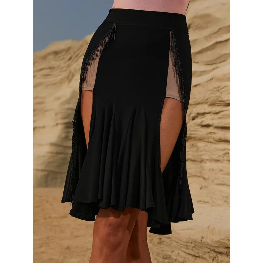 High Slit Skirt Black Latin Skirt Fringe Wrap Stretch Breathable