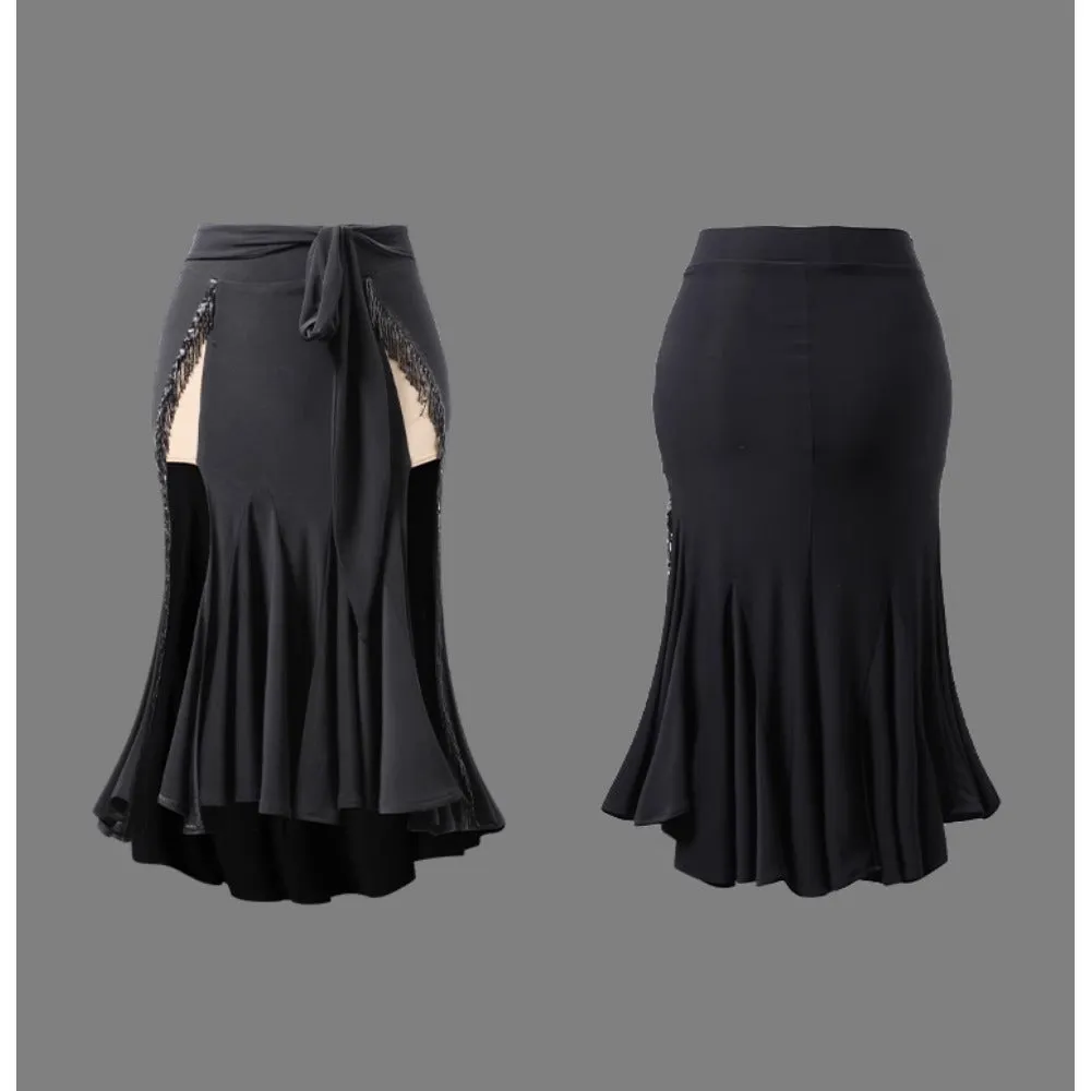 High Slit Skirt Black Latin Skirt Fringe Wrap Stretch Breathable