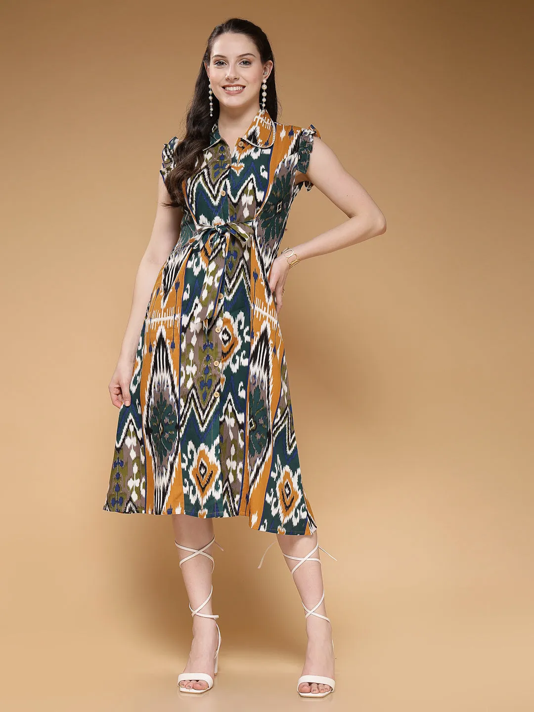 Indibelle Rayon Abstract Print A-Line Shrug/Cape (Mustard)