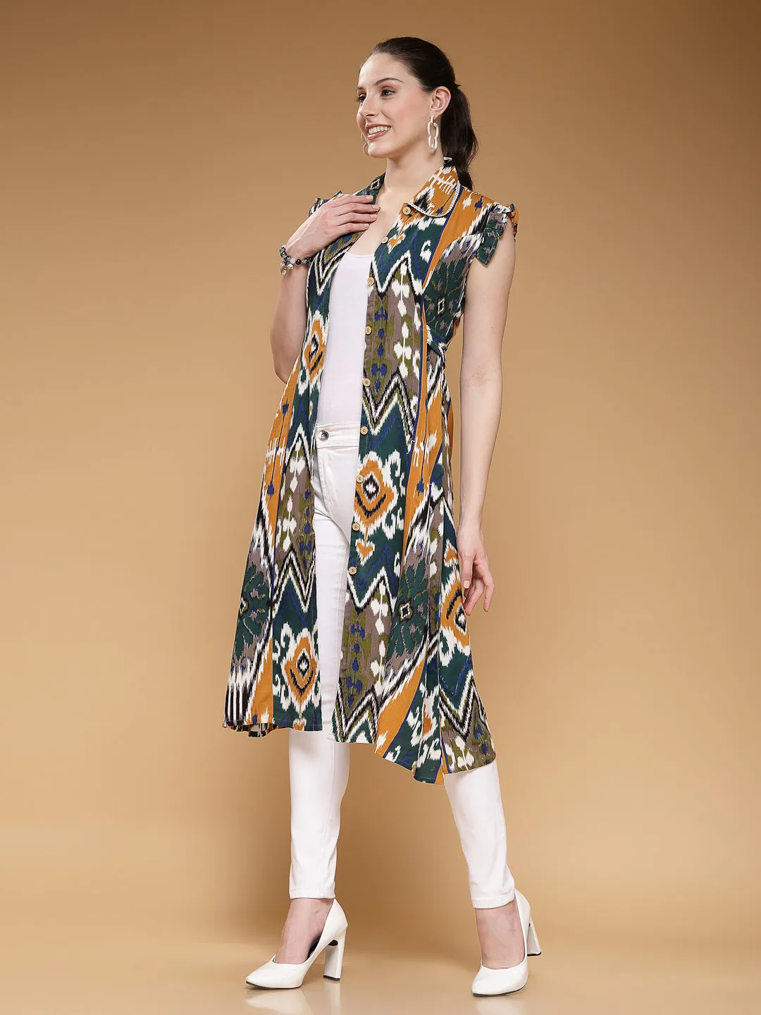 Indibelle Rayon Abstract Print A-Line Shrug/Cape (Mustard)