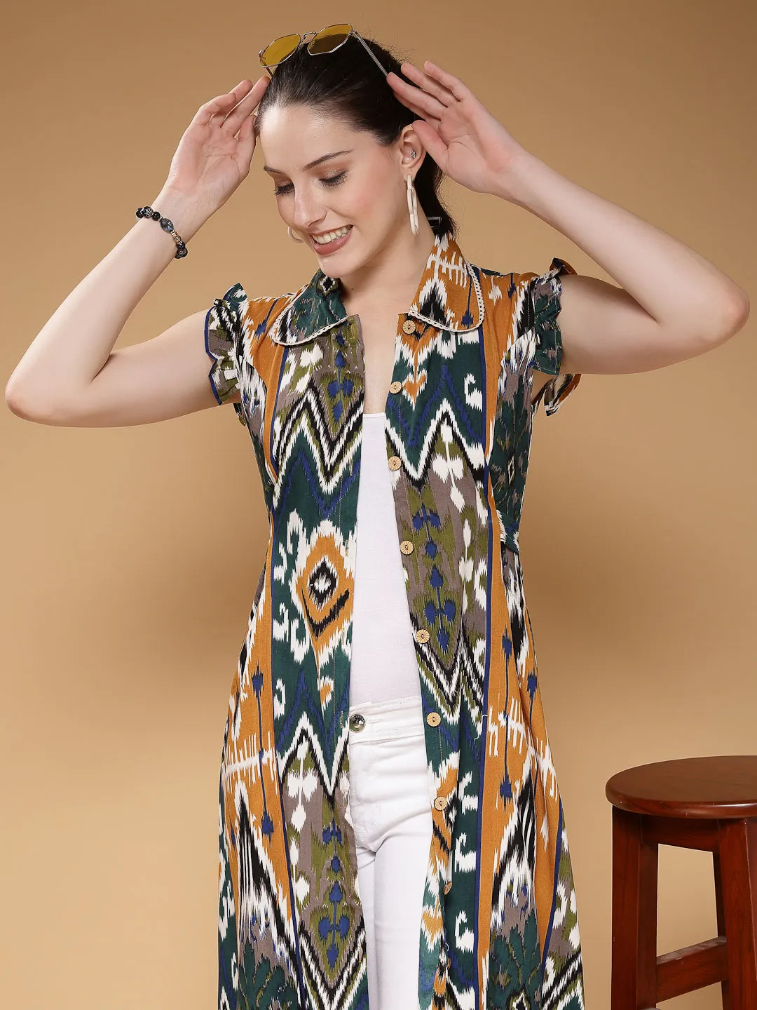 Indibelle Rayon Abstract Print A-Line Shrug/Cape (Mustard)