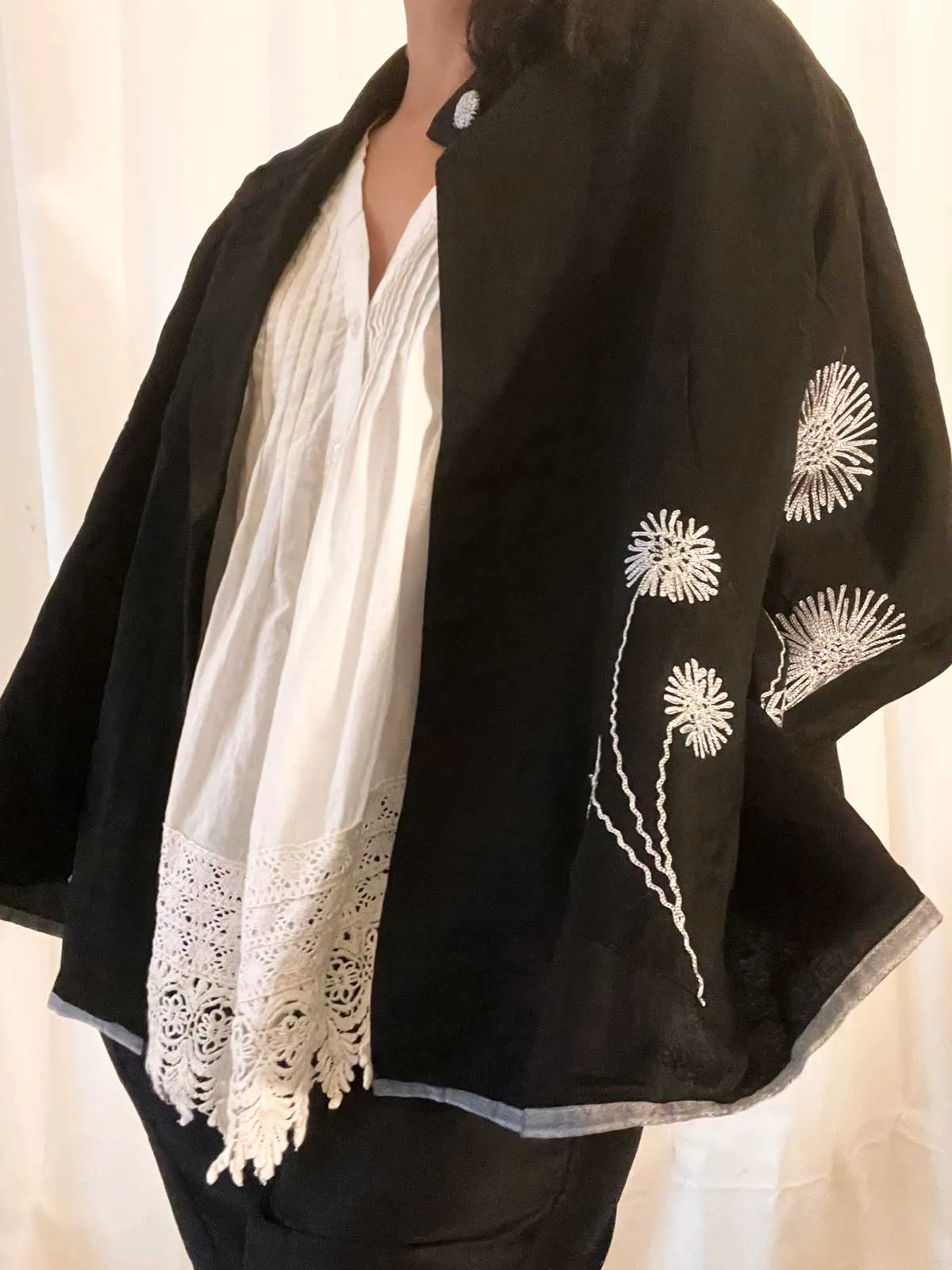 JACKET- BLACK & SILVER EMBROIDERED CHANDERI [COTTON-SILK MIX]