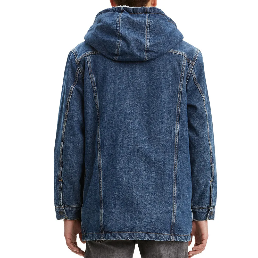 Levis Mens Jean Jacket Denim Sherpa Lined Drawstring Hooded Tall Long Fit 72795
