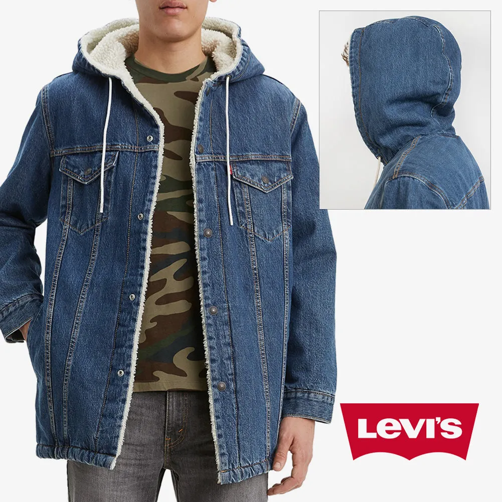 Levis Mens Jean Jacket Denim Sherpa Lined Drawstring Hooded Tall Long Fit 72795