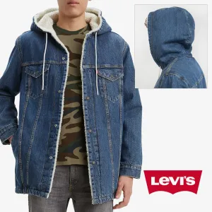 Levis Mens Jean Jacket Denim Sherpa Lined Drawstring Hooded Tall Long Fit 72795