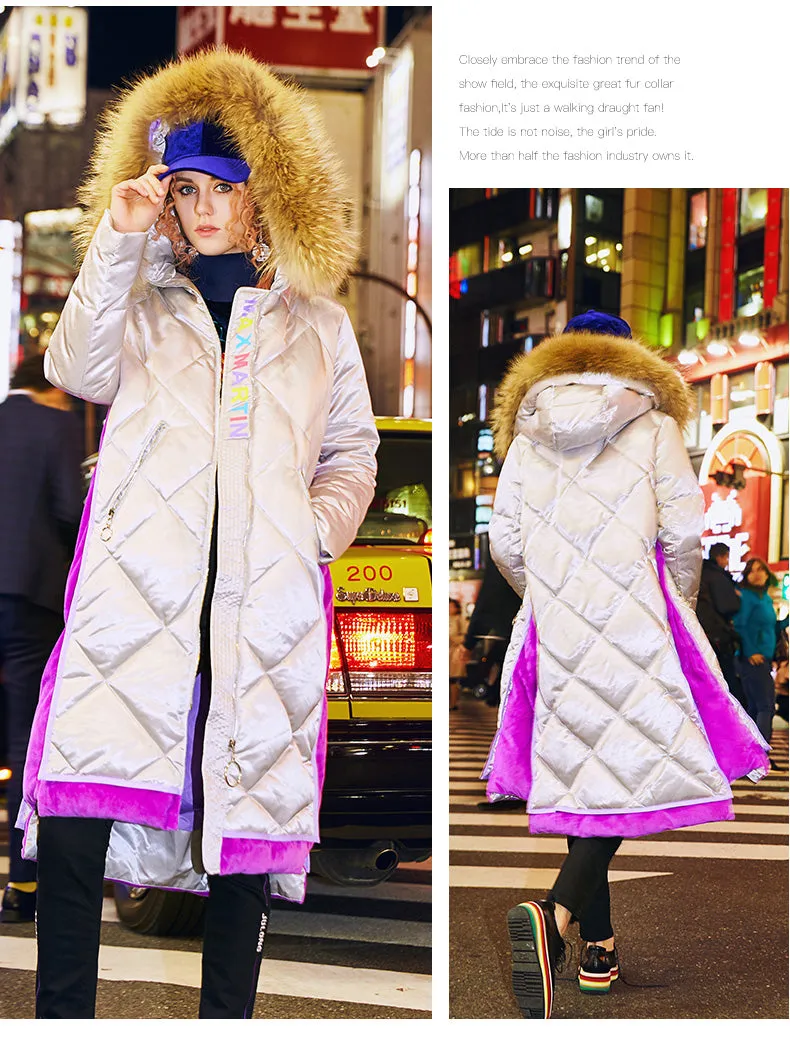 MAXMARTIN FAUX FUR HOOD LONGLINE PUFFER COAT WITH VELVET SIDE DETAIL M82201R04