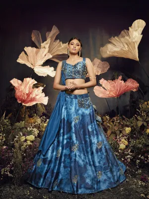 Opulent Blue Color Shibori Print Mirror Work Lehenga Choli