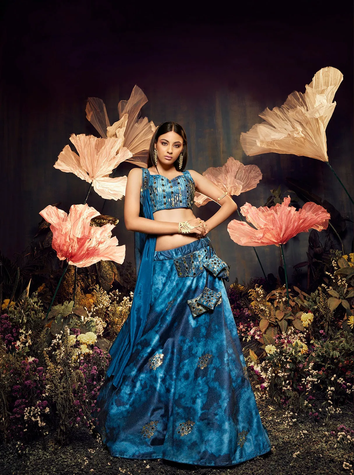 Opulent Blue Color Shibori Print Mirror Work Lehenga Choli