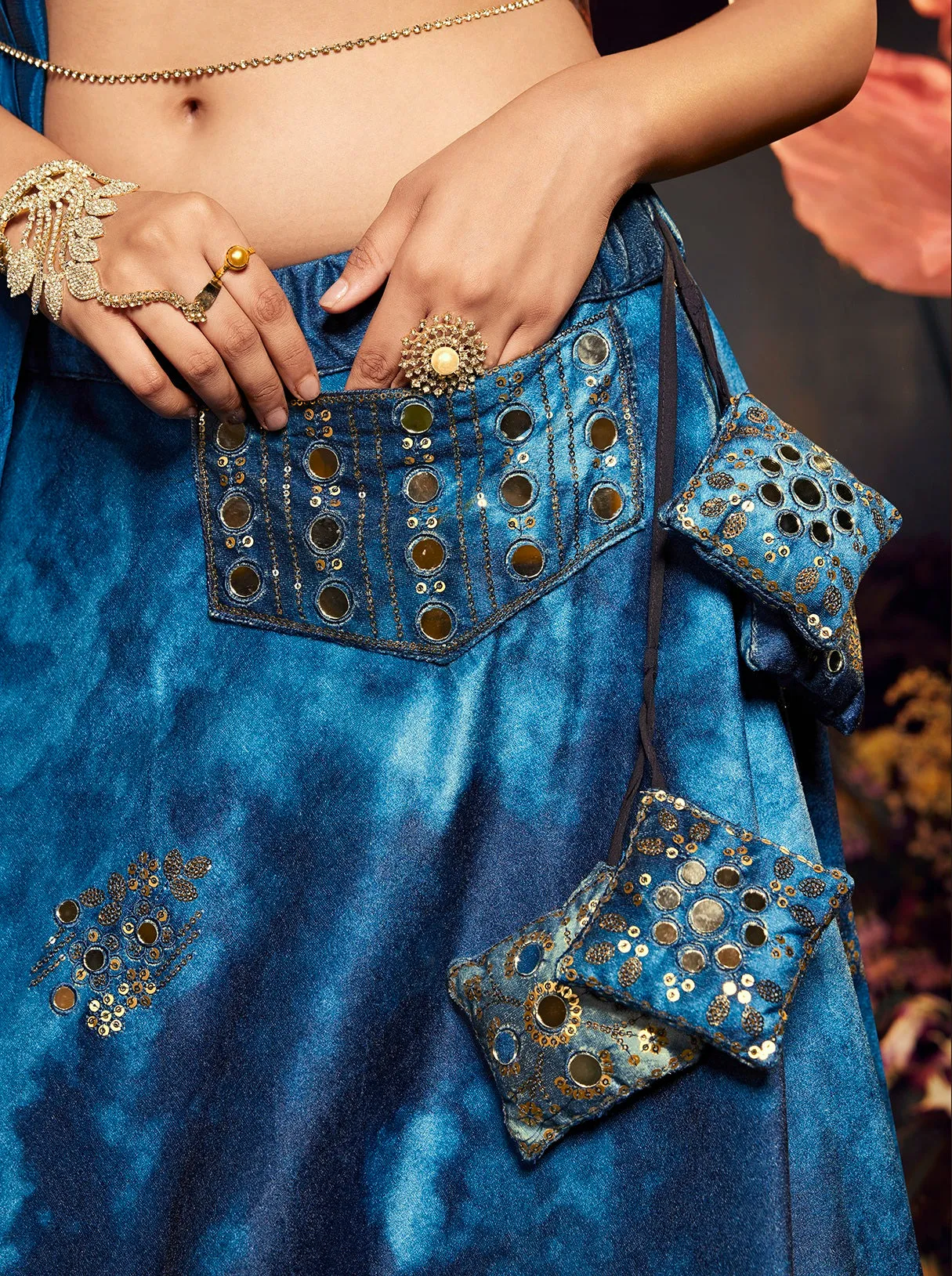 Opulent Blue Color Shibori Print Mirror Work Lehenga Choli