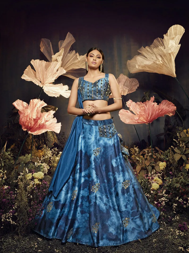 Opulent Blue Color Shibori Print Mirror Work Lehenga Choli