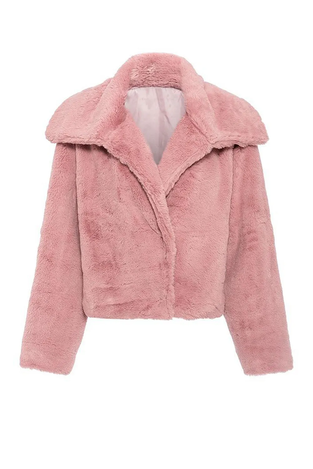 Pink Button Lapel Faux Fur Short Shearling Coat