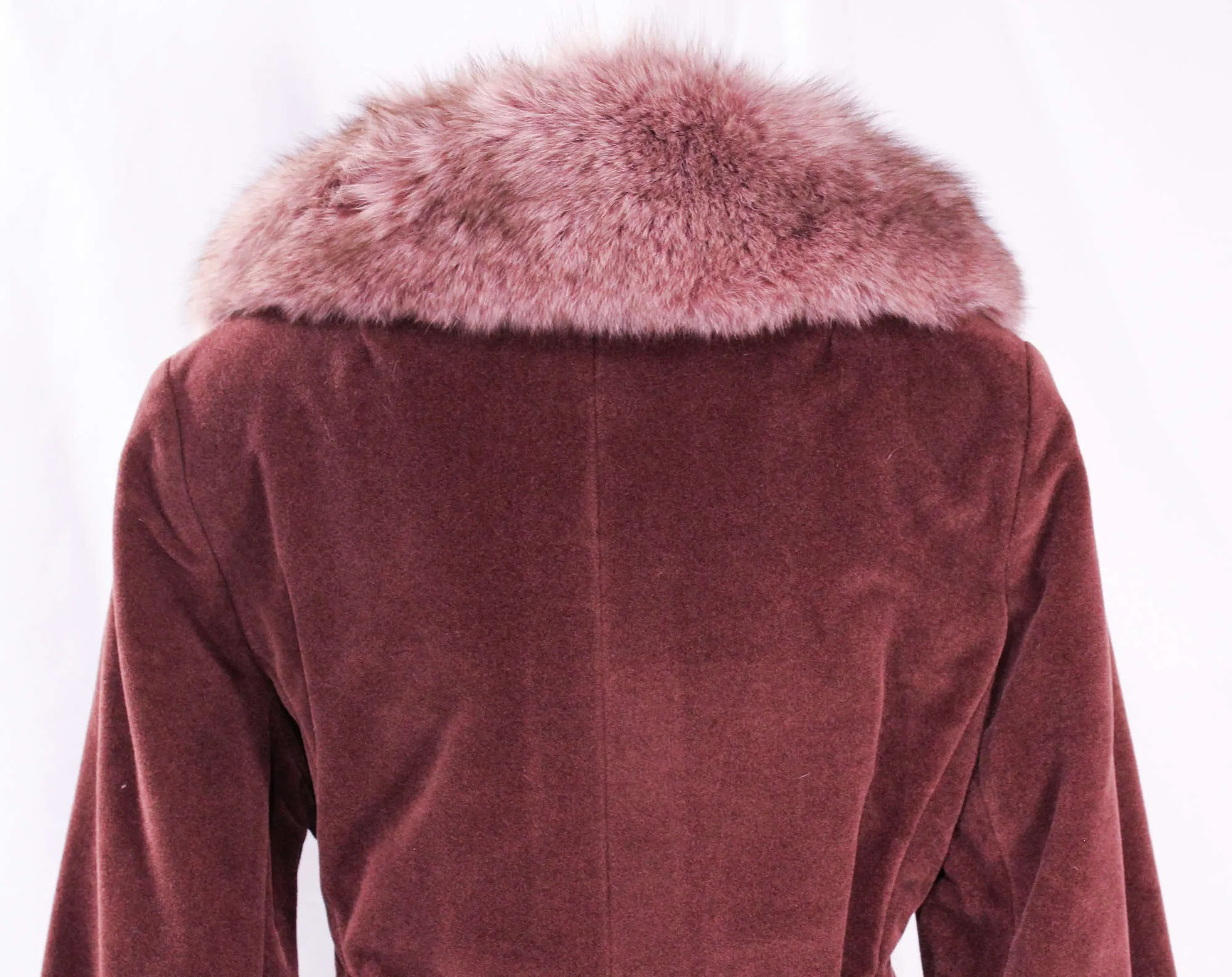 Size 12 Winter Coat with Lavender Purple Fox Collar - Large 1960s 70s Overcoat with Pockets - Brown Velour & Unique Color Fur - Bust 38