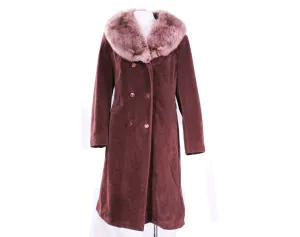 Size 12 Winter Coat with Lavender Purple Fox Collar - Large 1960s 70s Overcoat with Pockets - Brown Velour & Unique Color Fur - Bust 38