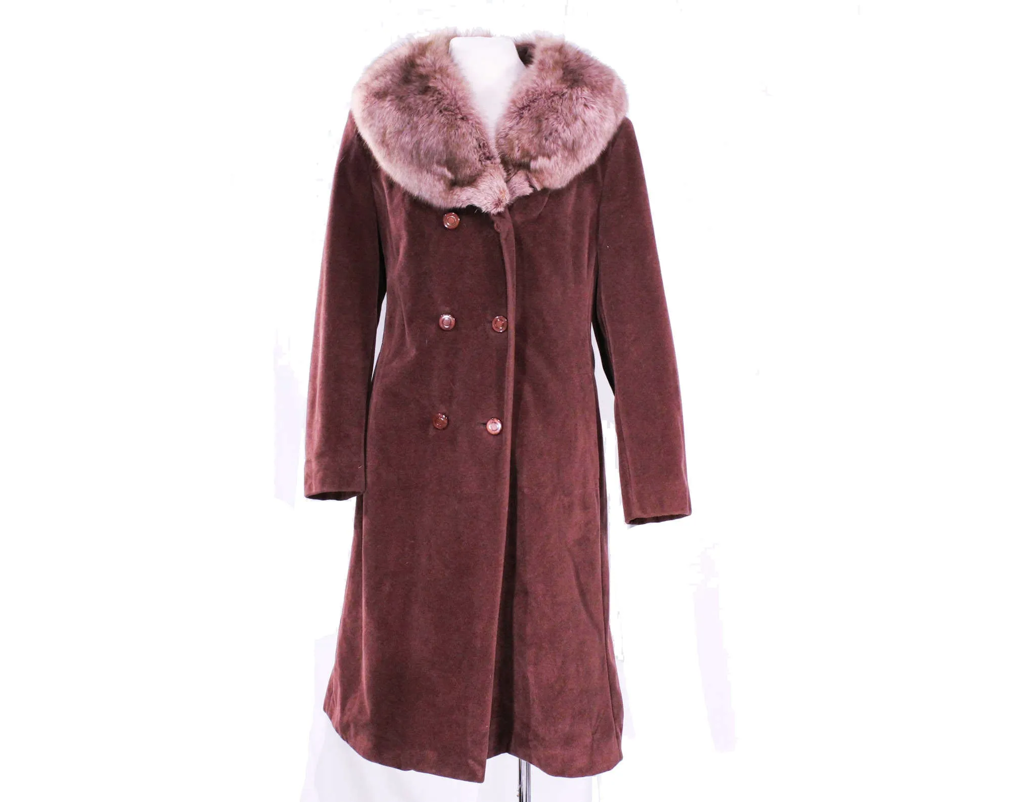 Size 12 Winter Coat with Lavender Purple Fox Collar - Large 1960s 70s Overcoat with Pockets - Brown Velour & Unique Color Fur - Bust 38