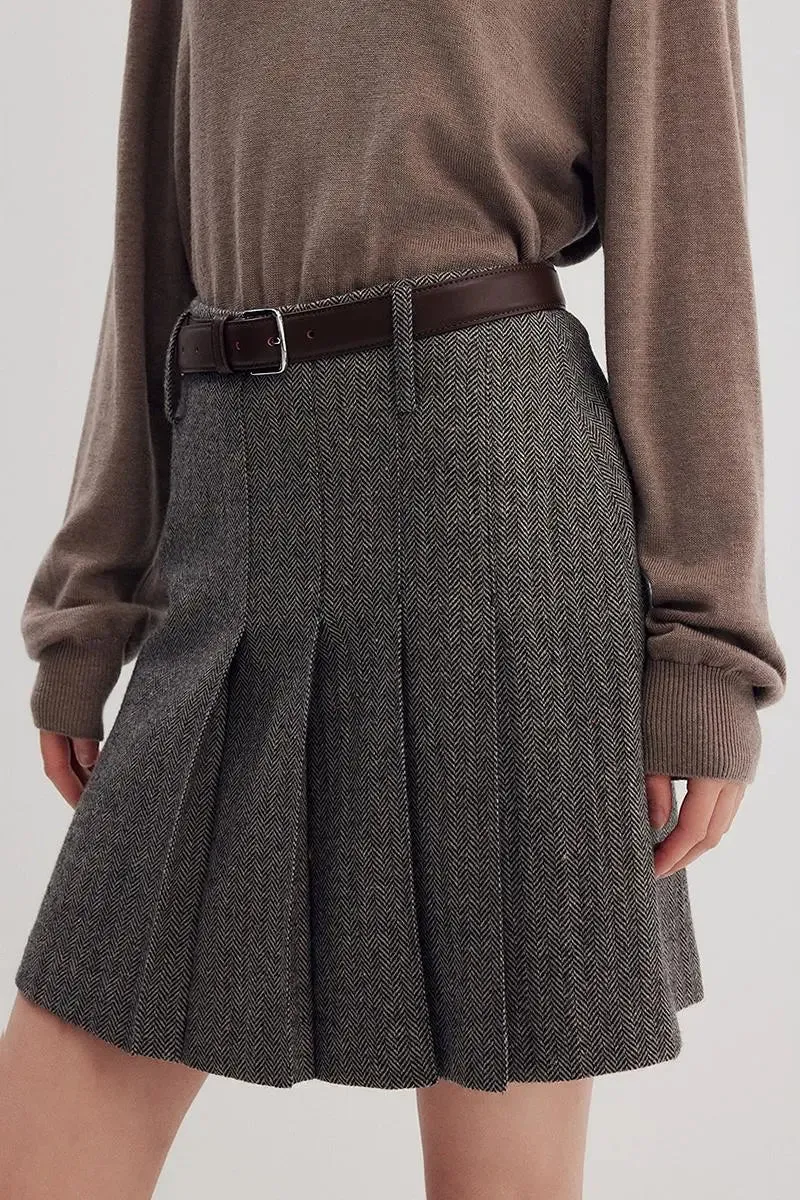 Vintage Herringbone Wool-Blend Pleated Mini Skort