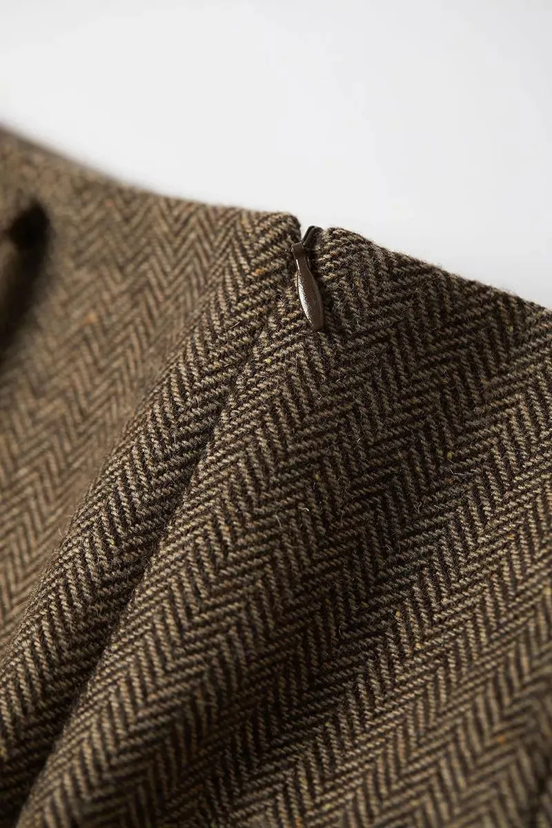Vintage Herringbone Wool-Blend Pleated Mini Skort