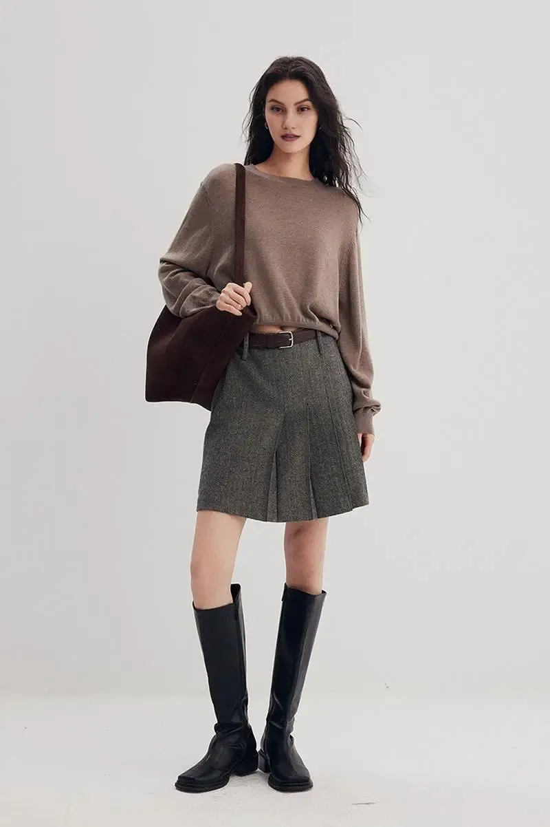 Vintage Herringbone Wool-Blend Pleated Mini Skort
