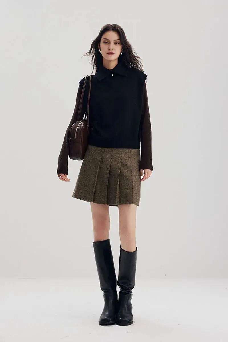 Vintage Herringbone Wool-Blend Pleated Mini Skort